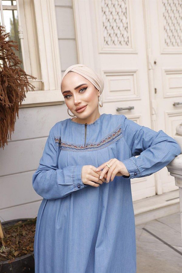 M SSKAYLE Embroidery Detailed Hijab Open Denim Dress Trendyol