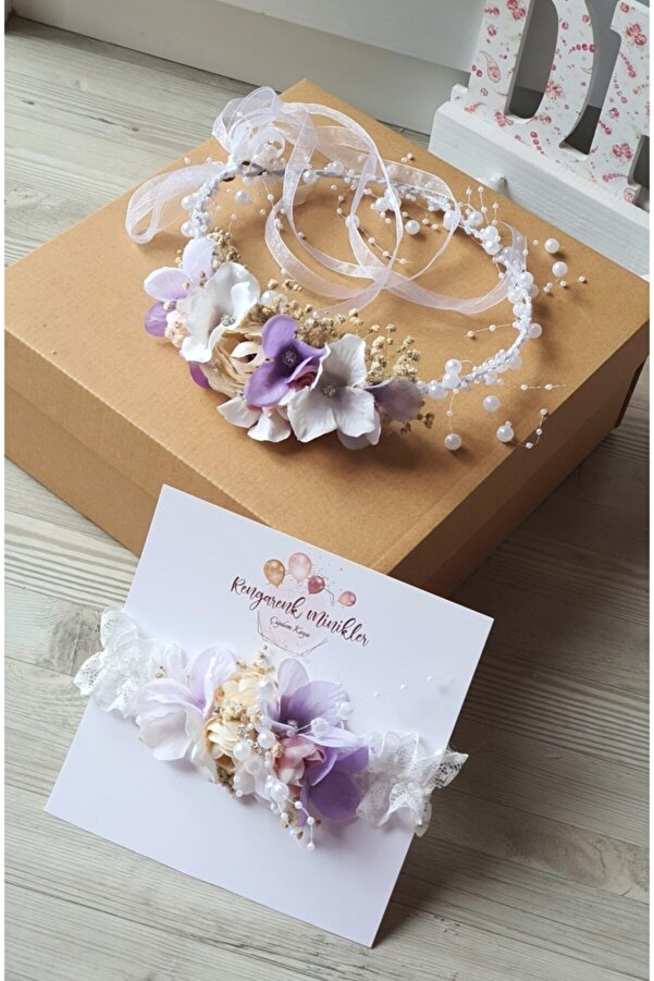 çiğdem kaya design Özel Tasarım Anne Bebek Lila Cicek Detaylı Incili Lohusa Taç Takımı