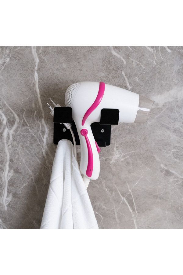 BATH BLACK CONCEPT-Black Hair Dryer Holder, Black Blow Dryer Bathroom Shelf Hanger 1