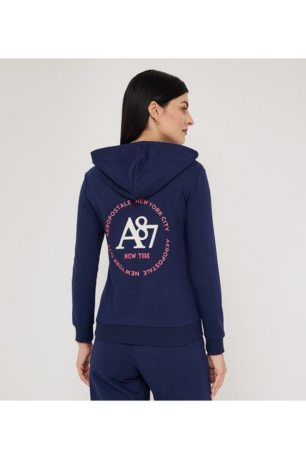 Aeropostale-سويت شيرت بقلنسوة نص أزرق للنساء 1