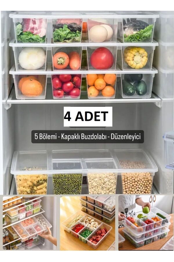 Bayev-4 Pieces Luna 5 Compartment Refrigerator Organizer with Lid Crisper - Meat Fish Vegetable Organizer 1