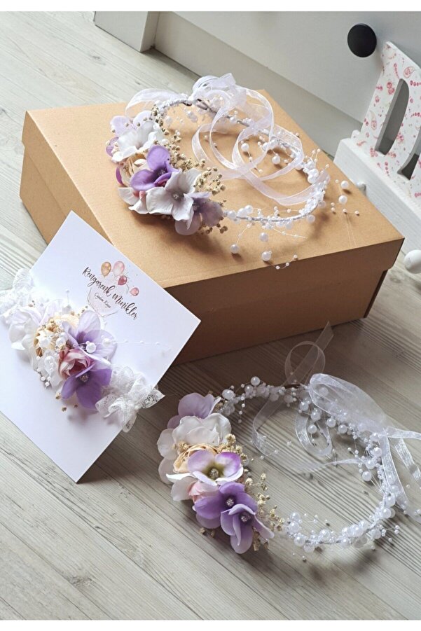 çiğdem kaya design Lila Cicek Detayli Incili Anne , Abla Bebek Lohusa Taç Seti (3lü)