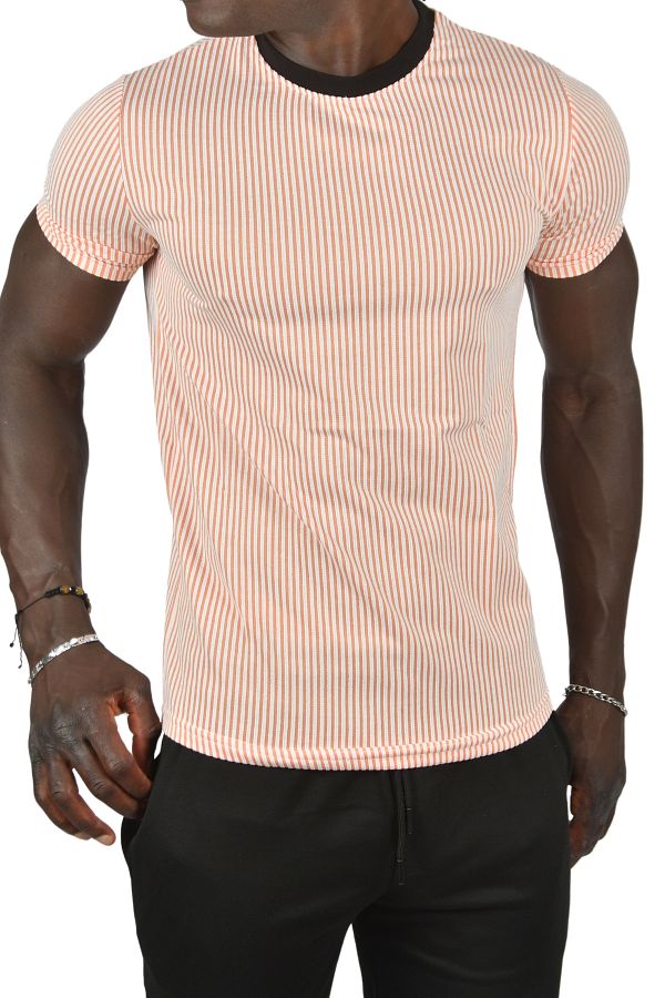 DeepSEA-Tricou pentru bărbați cu dungi portocalii slim fit din lycra waffle - decolteu 24032 1