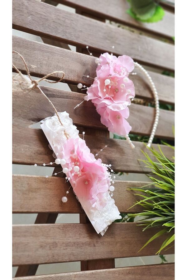 çiğdem kaya design Canlı Pembe Cicekli Cicek Ici Incili Taşlı Anne Bebek Lohusa Taç Takımı