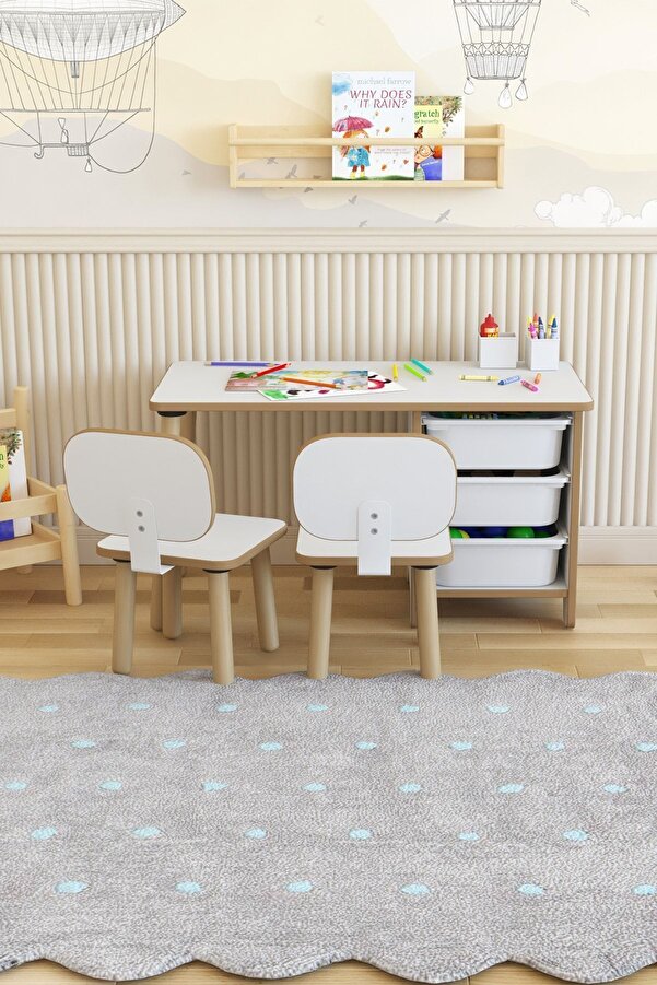 POFİTTO Çocuk Masa Sandalye Takımı 90x45 Cm 3 Sepetli Çocuk Çalışma Ve Aktivite Masası Yaz-sil,2 Sandalyeli