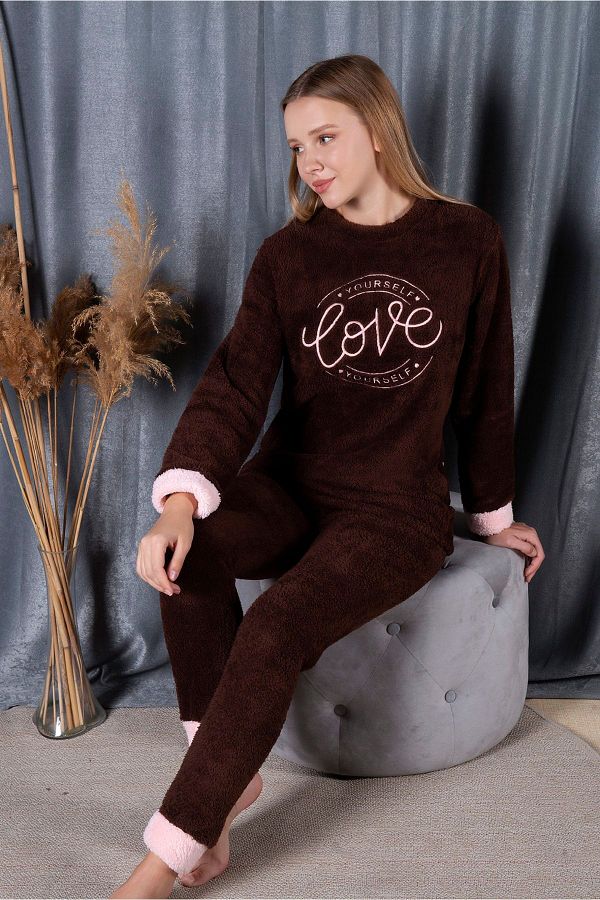 MyBen-Women's Brown Love Printed Cuffed Full Plush Pajama Set 30008 Plush 1