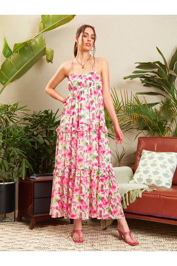 Sassafras By Styli Floral Strappy Ruffled Maxi Dress Trendyol