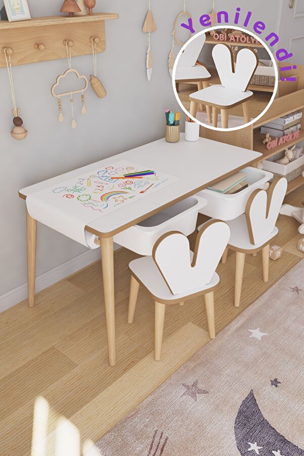 OBİ Atölye Resim Kağıdı Rulolu Çocuk Oyun Aktivite Masası 2 Sandalyeli Çekmeceli Çocuk Masası
