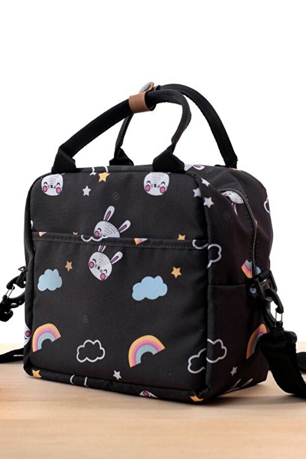 Happy Bear Isı Yalıtımlı Su Geçirmez Termal Çanta Yemek Mama Taşıma Beslenme Çantası Askılı Siyah