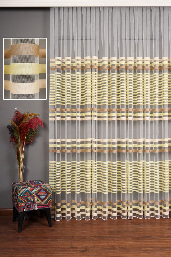elision home-Transverse Striped Banded Sports Tulle Curtain, 100x270, Sparse Pleat, 1/2 1