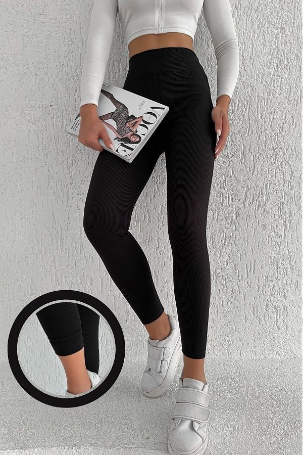 BEJNA-Gerippte Damen-Strumpfhose aus schwarzem Fleece mit hoher Taille 1