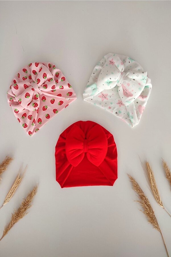 dubi baby Kız Bebek Renkli Desenli 3'lü Bone Takımı