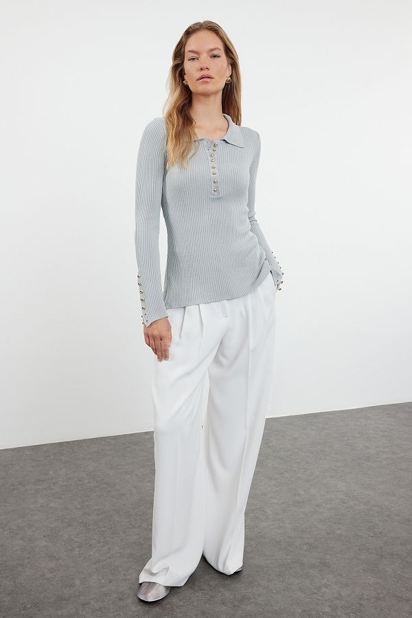 Trendyol Collection Thin Knitwear Gray Sweater Button Detail TWOAW25KZ00083 Trendyol