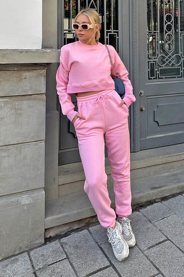 Swist Pink Ribbed Crew Neck Women s Crop Tracksuit Set Trendyol