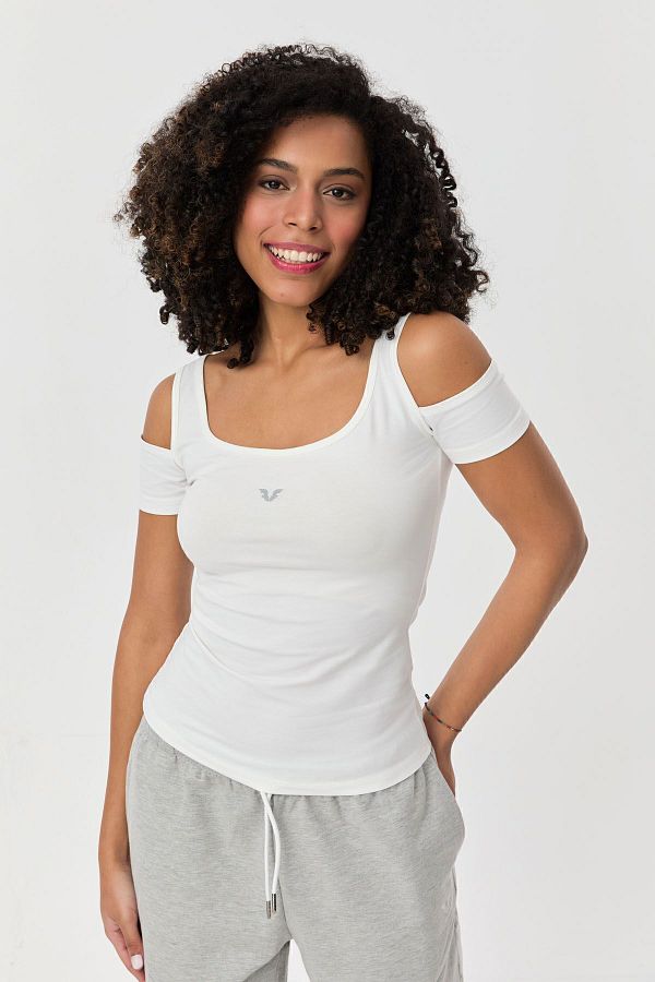 bilcee Women s White Cotton Lycra Shoulder Detailed Flexible Daily Open Collar Athlete T Shirt 9735 Trendyol