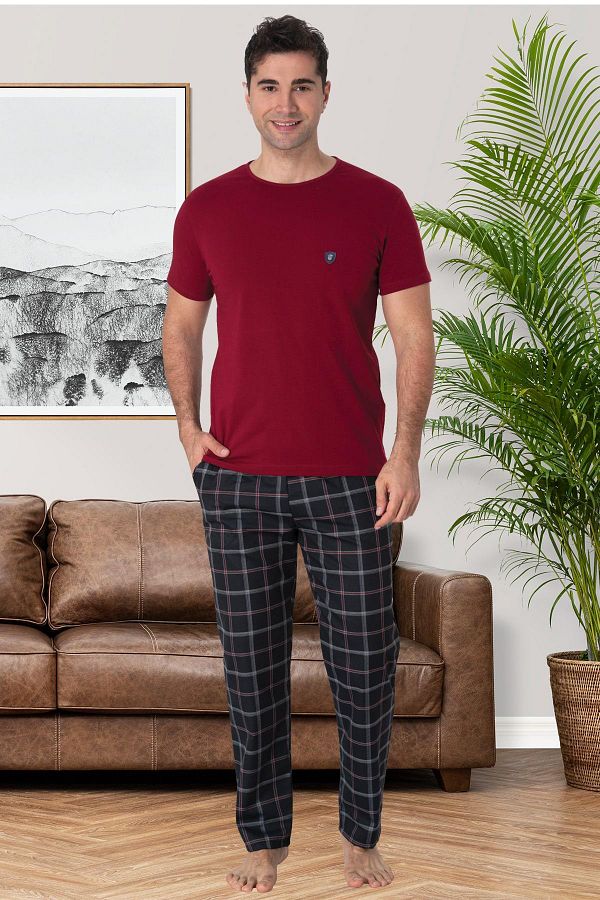 Mecit Pijama Claret Red Men s Pajama Set Cotton Plaid Pattern Short Sleeve Crew Neck Plus Size Trendyol