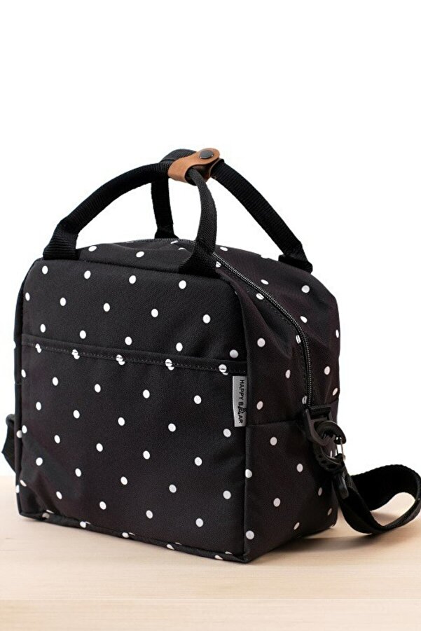 Happy Bear Termal Çanta Yemek Taşıma Beslenme Çantası Isı Yalıtımlı Su Geçirmez Siyah Puantiye Desenli