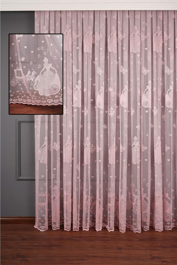 elision home-Cinderella Pattern Pink Knitted Tulle Curtain, 350 X 250cm, 1/2 Sparse Pleat 1