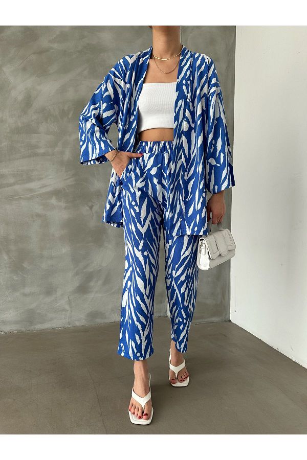 BEJNA-Blau gemustertes Kimono-Set aus Oberteil und Unterteil für Damen 1