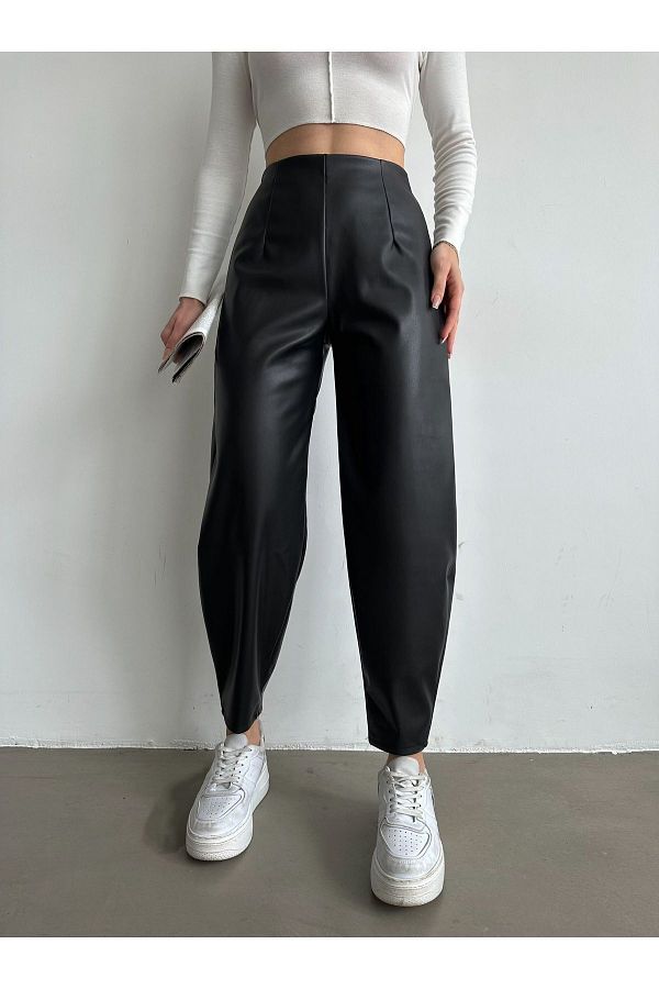 BEJNA Women s Black Faux Leather Mom Trousers with Elastic Waist Trendyol
