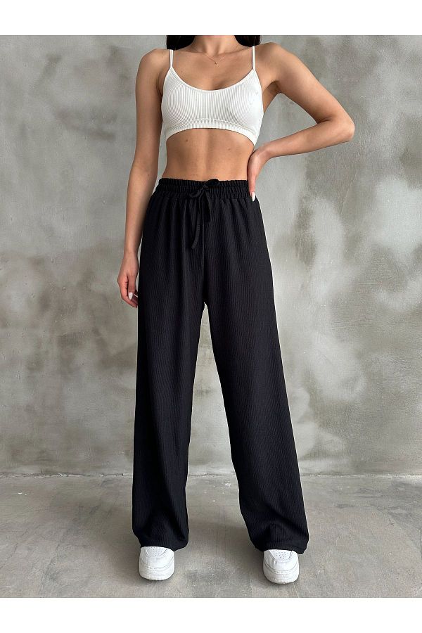 BEJNA-Schwarze Palazzo-Hose mit elastischem Bund für Damen 1