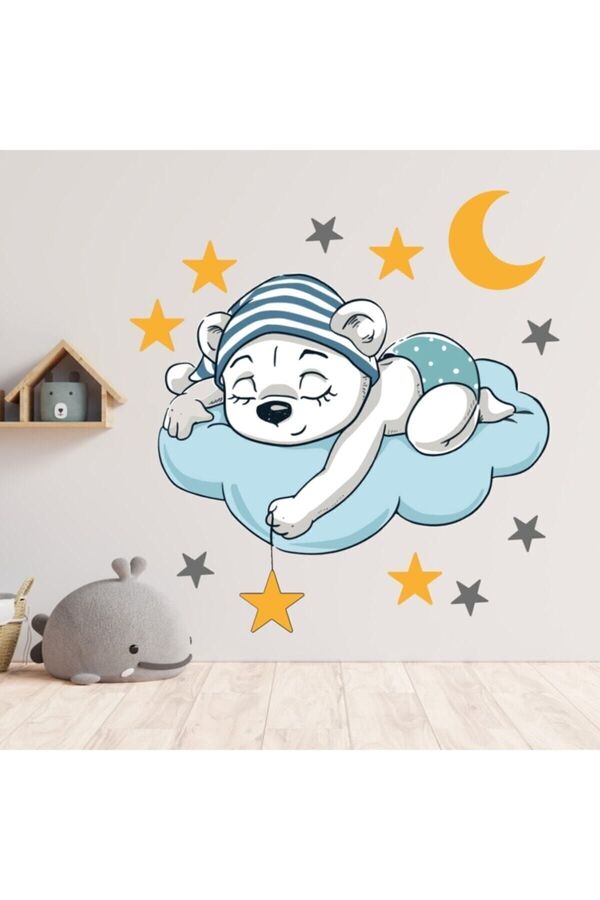 Genel Markalar Bulut Üzerinde Uyuyan Ayı Dekoratif Çocuk Odası Sticker