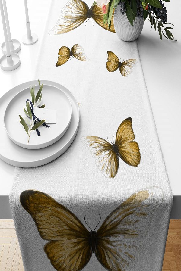 on the clouds-Gold Butterfly Patterned Non-Resting Fabric - Living Room and Kitchen Table Different Ranir Models Runner 1