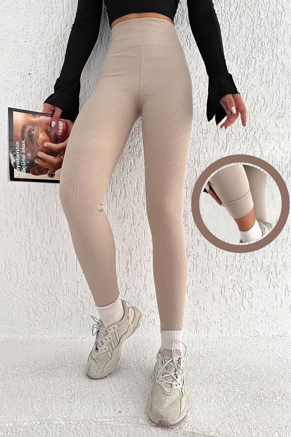 BEJNA-Damen-Strumpfhose aus beigem, geripptem Fleece mit hoher Taille 1