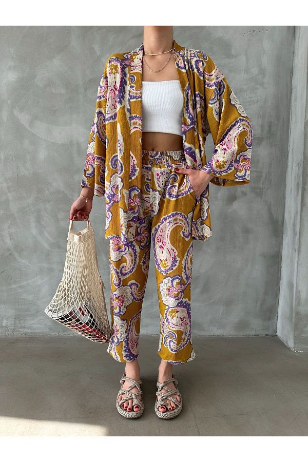 BEJNA-Senfgelbes Kimono-Oberteil und Unterteil mit ethnischem Muster für Damen 1