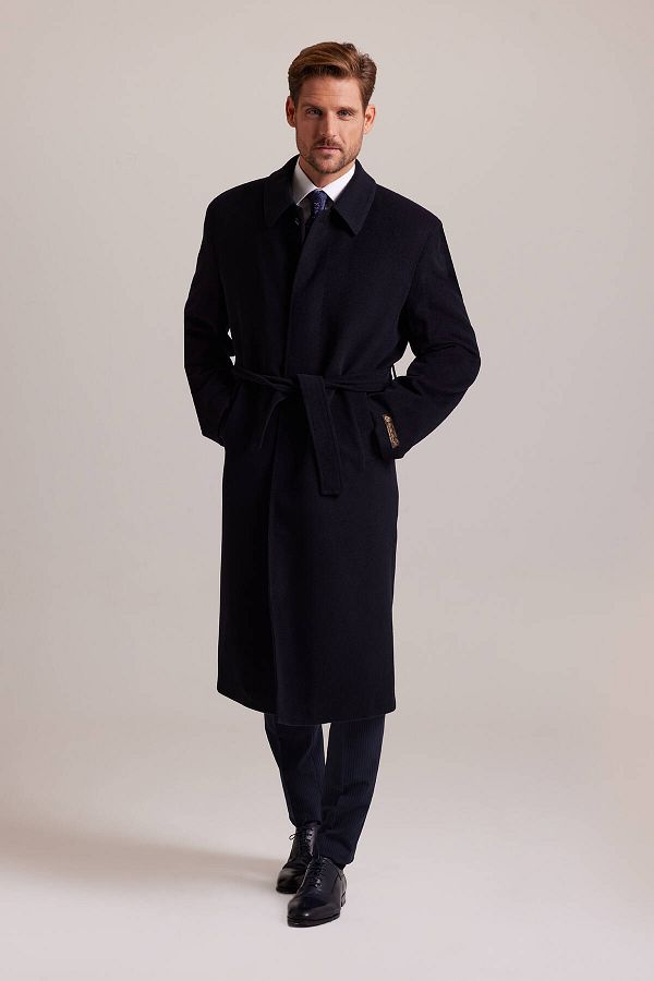 YSF Men s Navy Blue Regular Fit 100 Cashmere Coat Trendyol