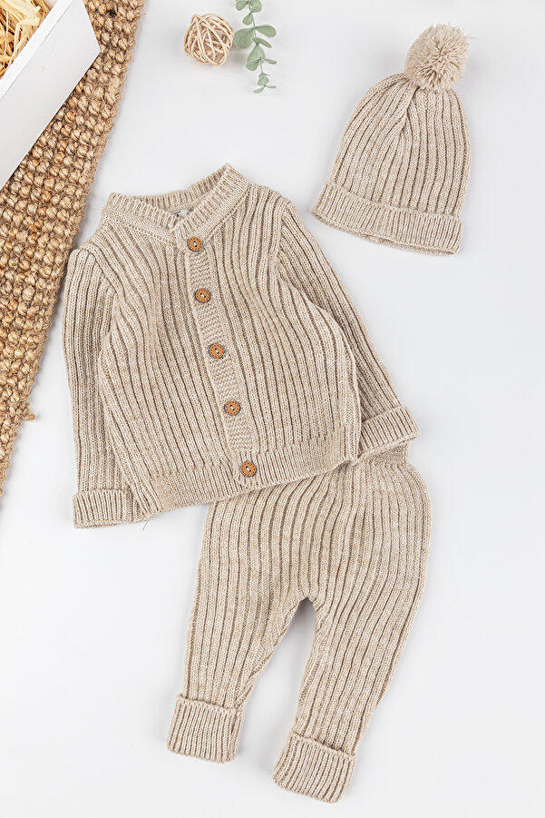 Babymod Triko Hırkalı Bereli Unisex Kışlık Şapkalı Bebek Takım