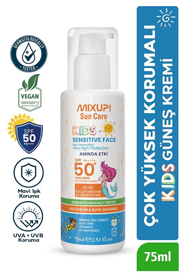 Mixup Doğal İçerikli Vegan Sertifikalı SPF 50+ Çoçuk Güneş Kremi Aloe Vera,Mineral,Çinko İçerikli 75 ML