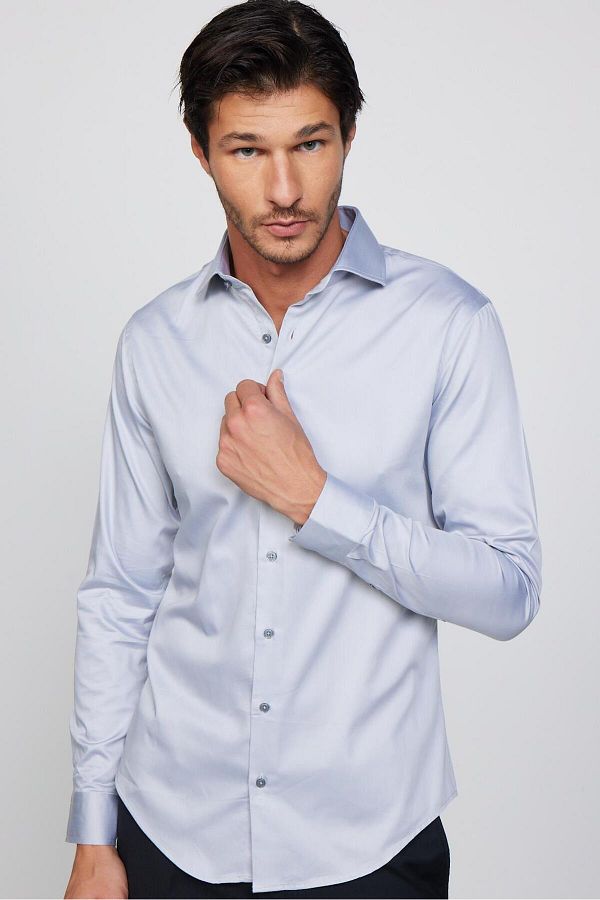 Tudors-Slim Fit Long Sleeve Cotton Satin Premium Series Gray Men's Shirt 1