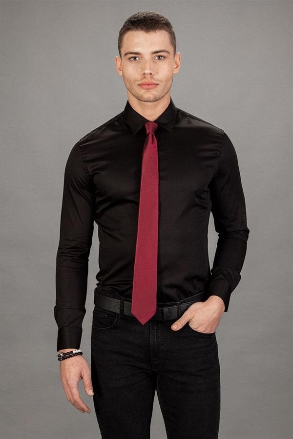 Tudors-Super Slim Fit Μακρυμάνικο Lycra Cotton Satin Ανδρικό πουκάμισο μαύρο 1