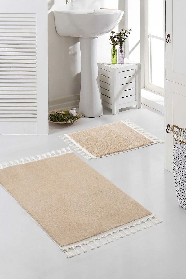 Valery Home-Vl Washable Premium White Pompom Fringed Non-Slip Base Post Plush Bath Mat Set of 2 Mink 1