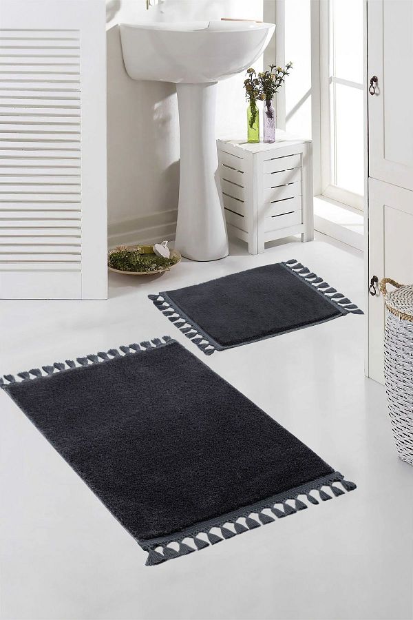 Valery Home-Vl Washable Premium Pompom Fringed Non-Slip Base Post Plush Bath Mat Set of 2 Anthracite 1