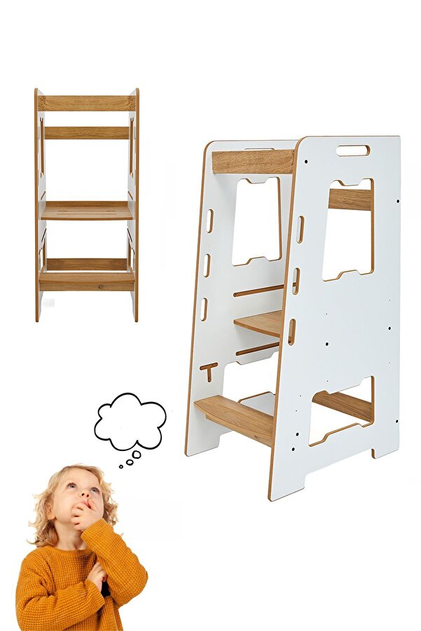 Minera Ahşap 2-6 Yaş Montessori Öğrenme Kulesi / Naturel Beyaz