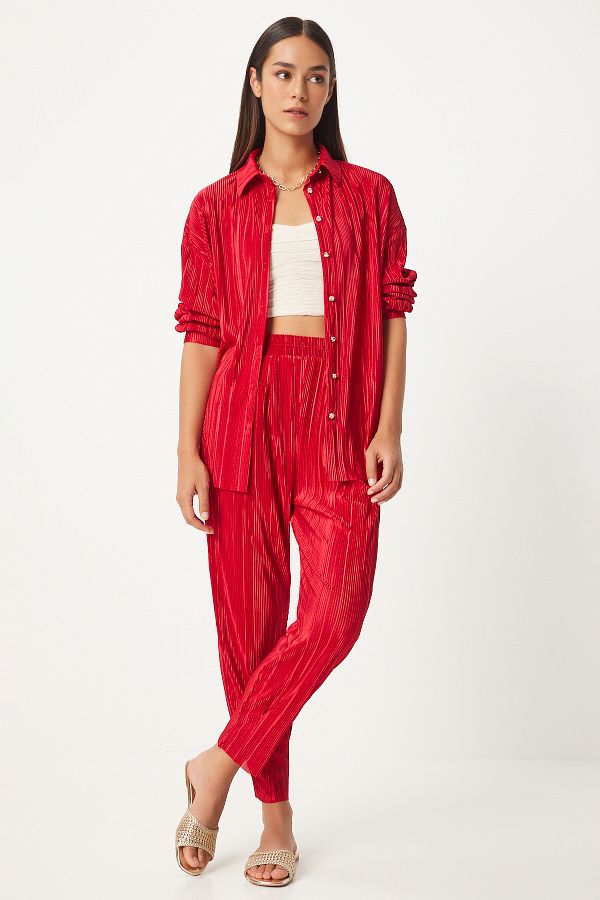 Happiness İstanbul-Red Women's Shirt and Trousers Set - Pleated and Buttoned FN03235 1