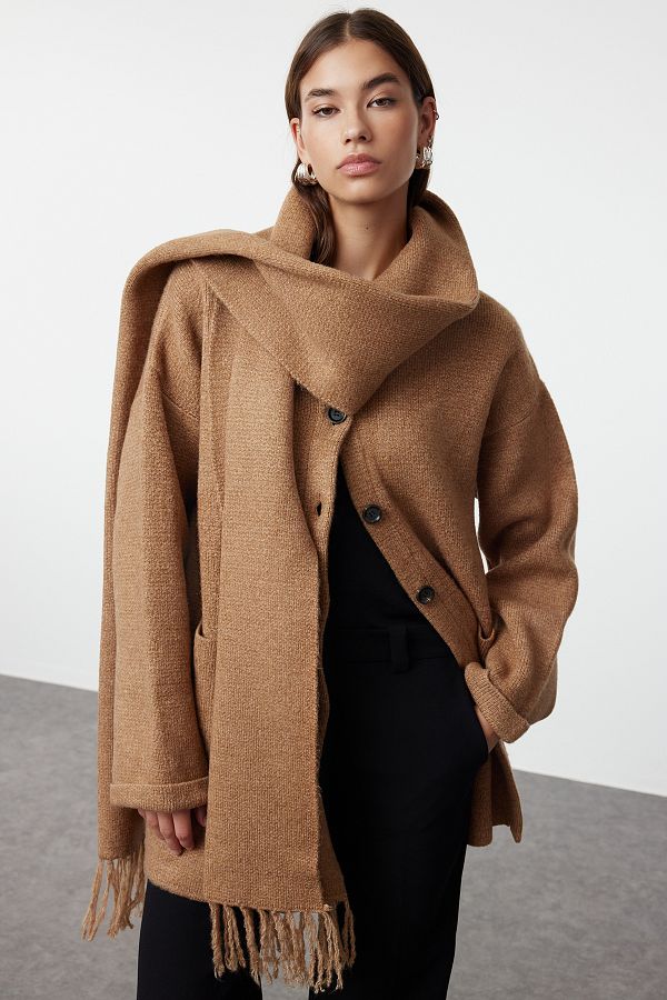Trendyol Collection Brown Knitwear Shawl Coat TWOSS24KB00004