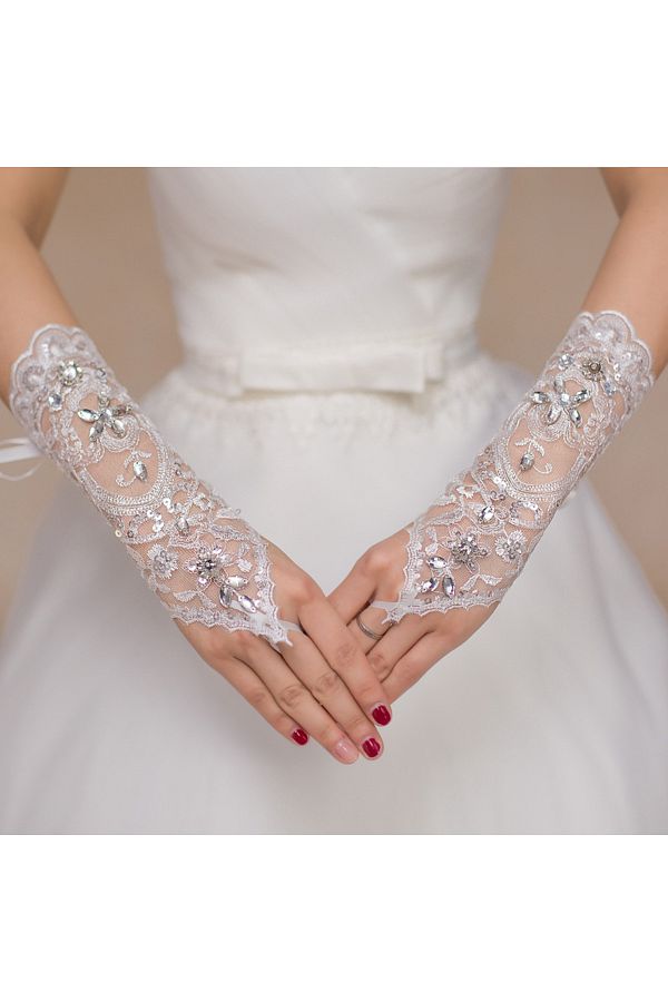 Choice 1 Pair White Short of Gloves Wedding Gown Accessories Fingerless Gloves Inlaid Rhinestone for Bri. Trendyol