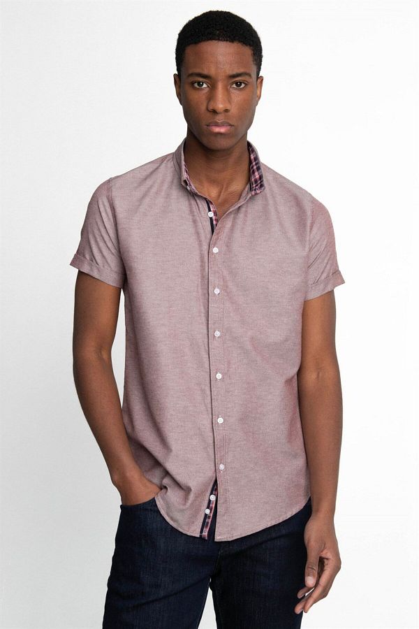 Tudors-Men's Oxford Cotton Shirt - Slim Fit, Easy Iron, Burgundy Button Collar, Short Sleeve 1