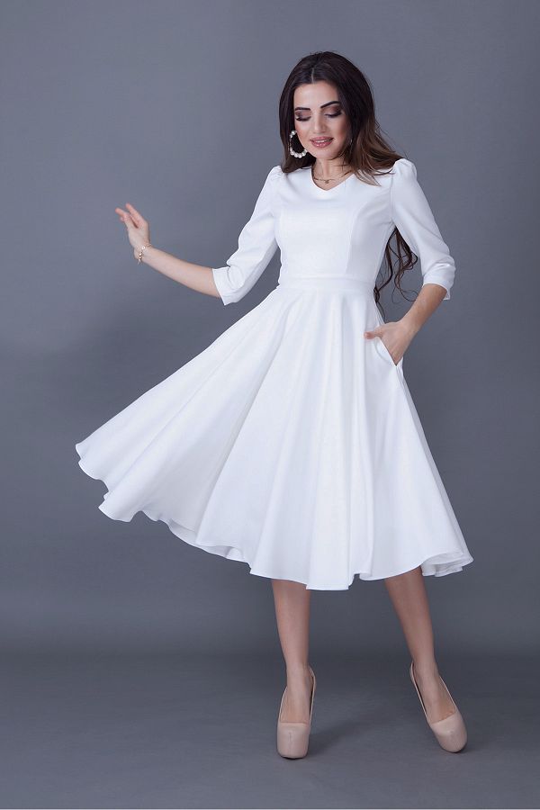RURIS White V neck Pocket Detailed Flared Midi Evening Dress Homecoming Dress Trendyol