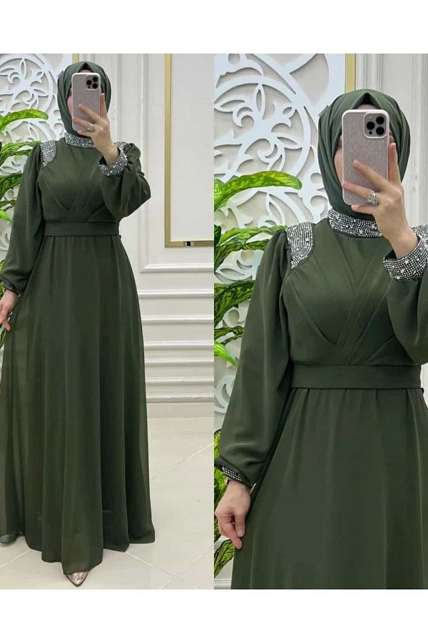 KLASS L FE Modest Evening Dress Khaki Trendyol