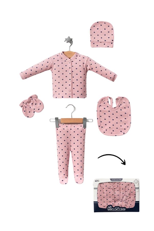 webombinoo Beş Parça Kutulu Yeni Doğan Hastane Çıkışı Zıbın Set Fitilli Kumaşa Pembe Baskı Lacivert