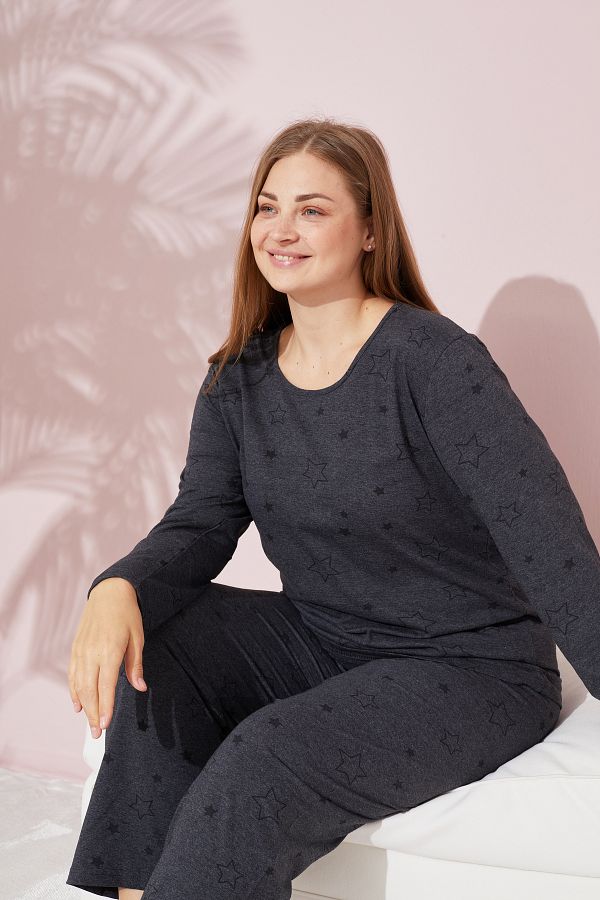 Siyah İnci-Plus Size Anthracite Star Patterned Curve Cotton Pajama Set 1