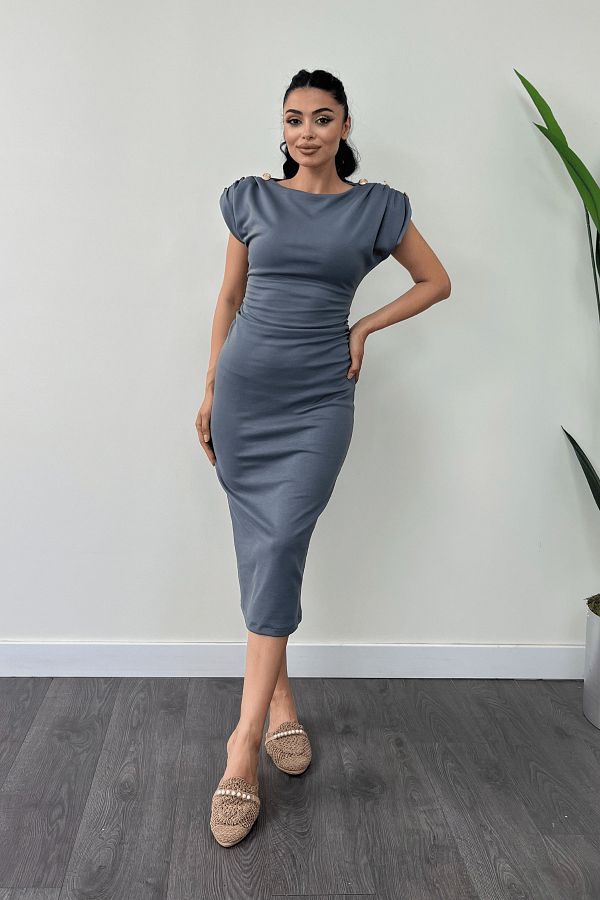 giyimmasal Gathered Pencil Dress with Combed Cotton Fabric Shoulder Detail ANTHRACITE Trendyol