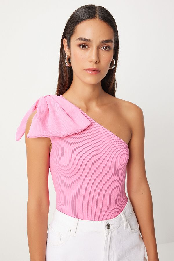 Happiness İstanbul-Pink Bow Detailed One-Shoulder Knitwear Women's Blouse - PF00075 1