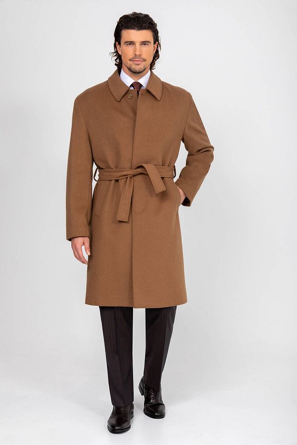 YSF Men s Camel Regular Fit Cashmere Long Belted Coat Trendyol