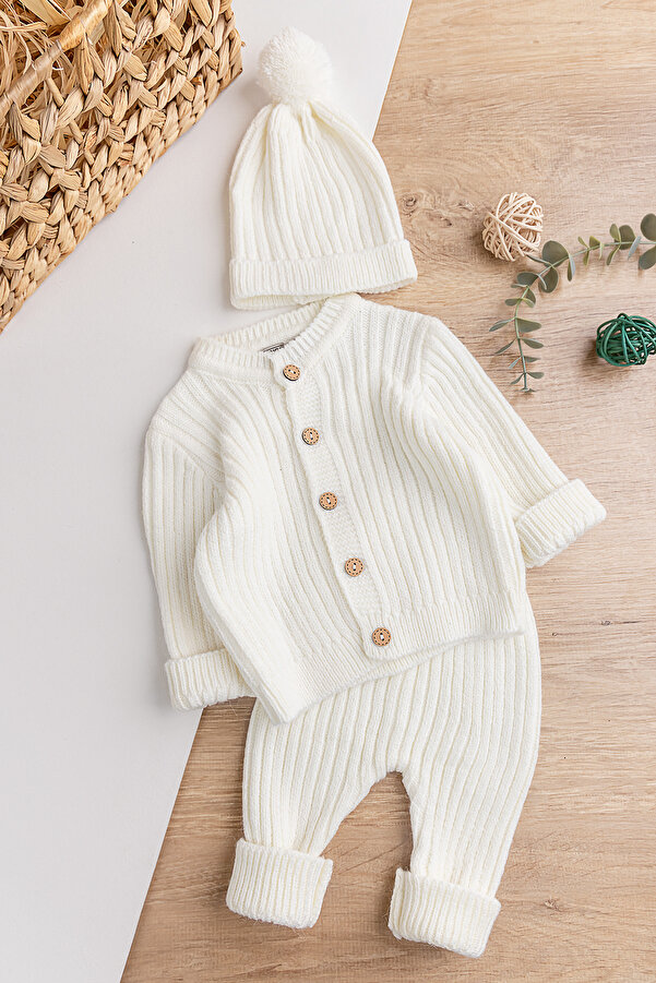 Babymod Triko Hırkalı Bereli Unisex Kışlık Şapkalı Bebek Takım