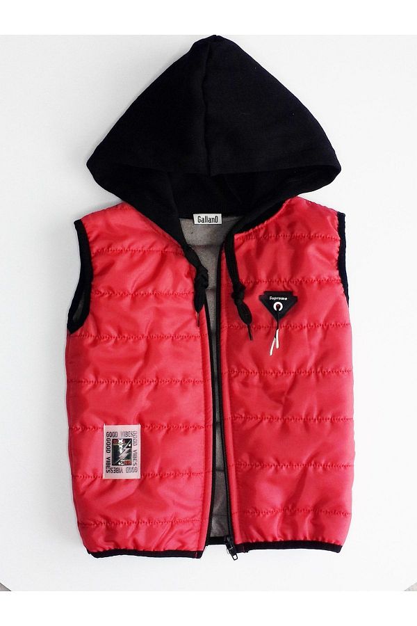 GallanD Inflatable Vest Children s Red Color Hooded Fiber Seasonal Medium Thick Zippered Pocketless Embroidered Piping Trendyol